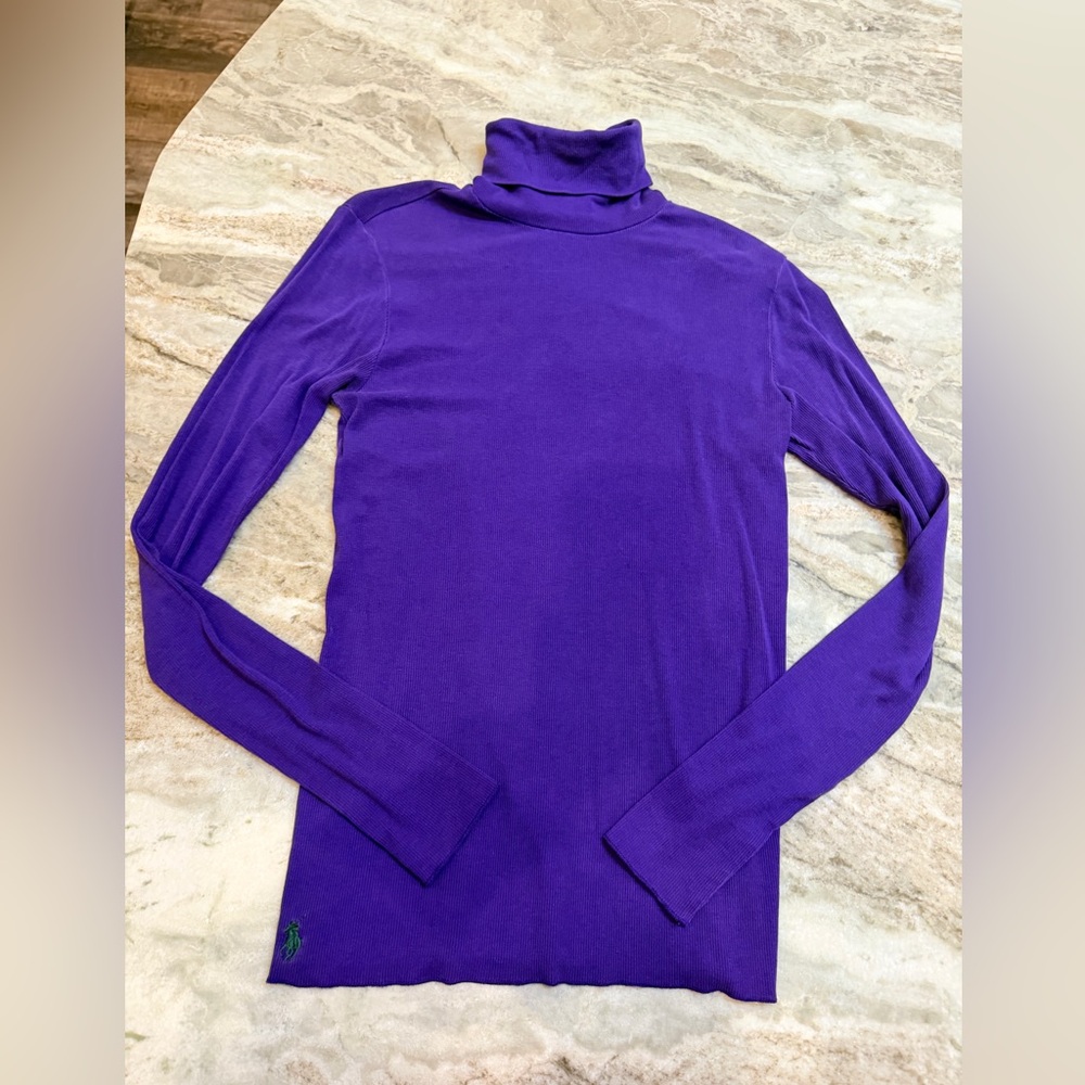 Ralph Lauren Purple Ribbed Turtleneck Top L Green Pony Logo